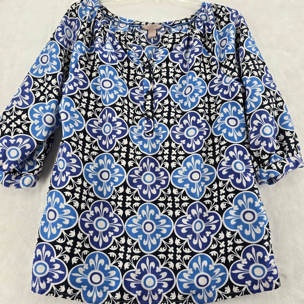 Banana Republic Blouse Womens Small Henley Top Blue Floral Pattern